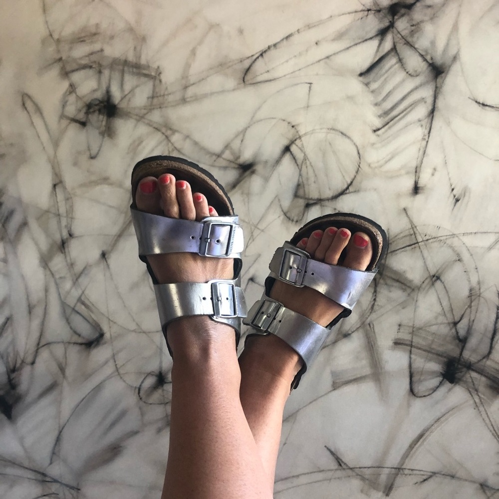 Silver metallic Birkenstock Arizona soft footbed 39